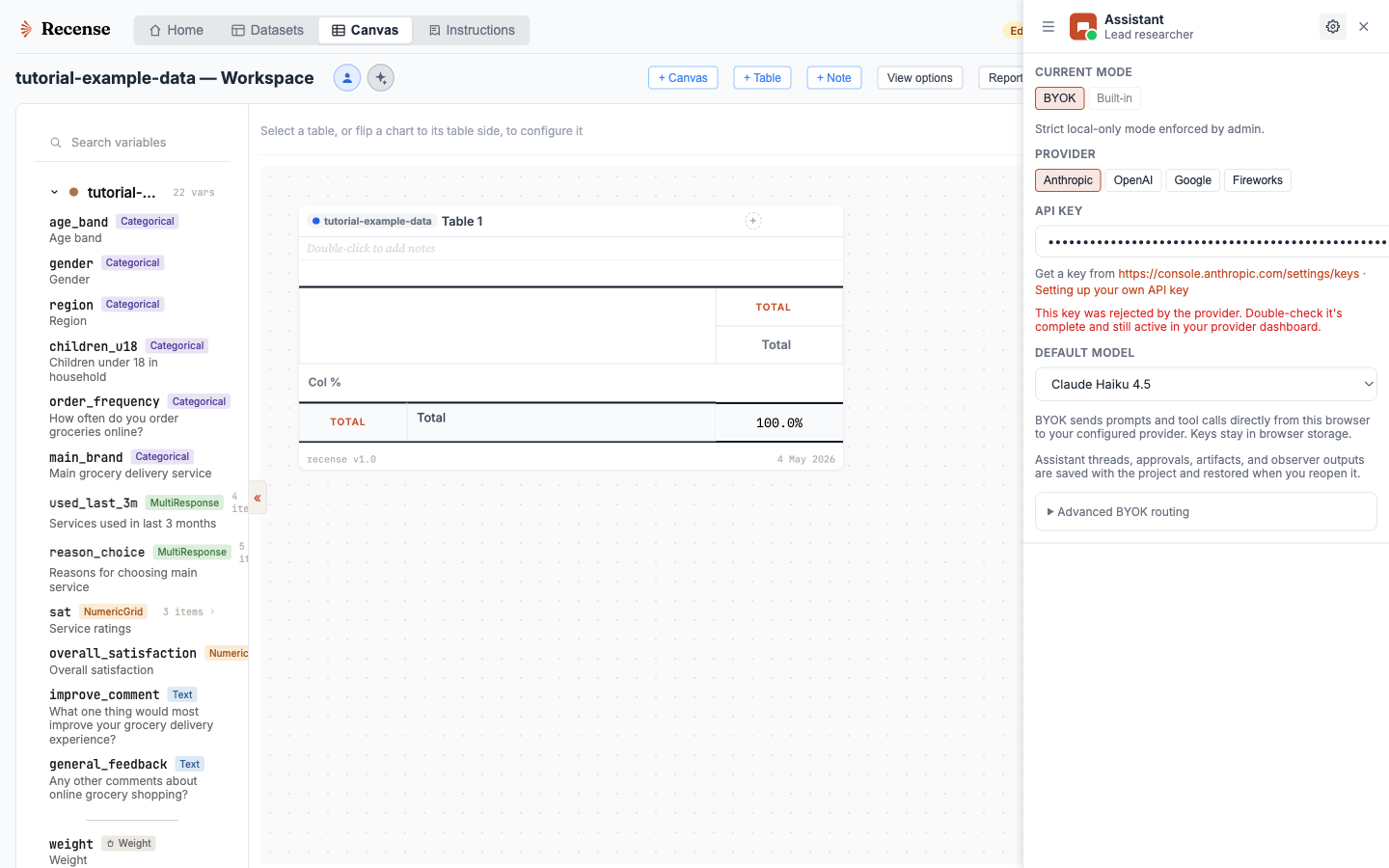 Provider picker showing Anthropic, OpenAI, Google, and Fireworks options with key configuration.