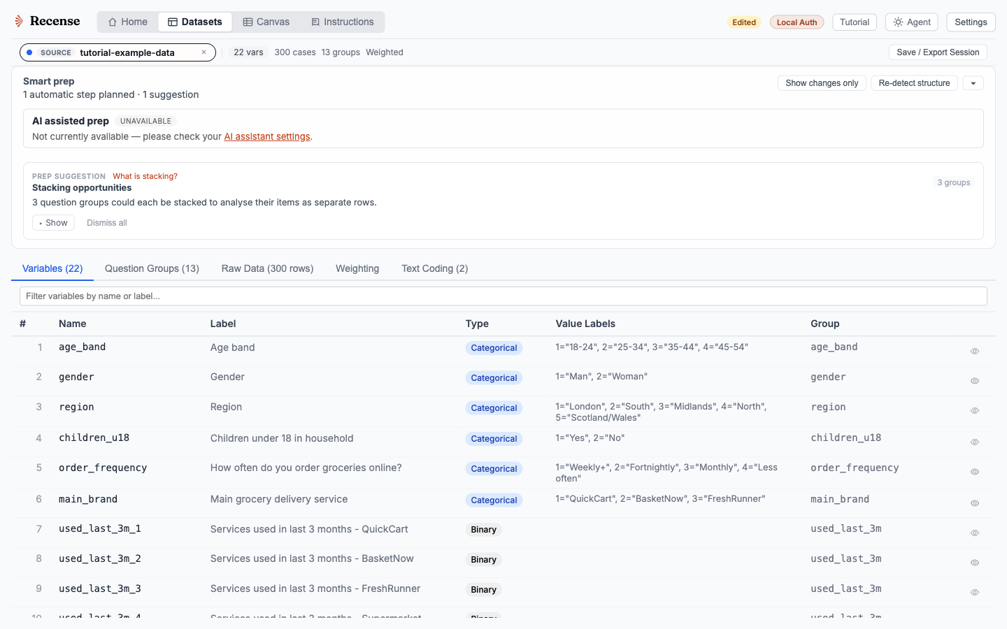 Variables in the sidebar typed as categorical, Likert, multi-response, numeric, and date after import.
