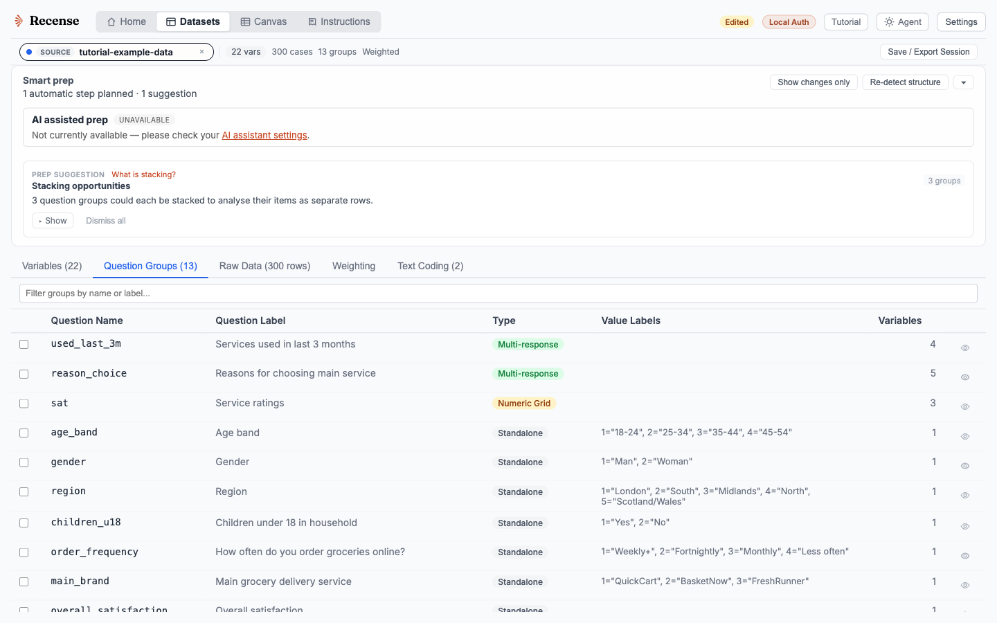 Weights, missing-value codes, and multi-response sets configured in the variable inspector.