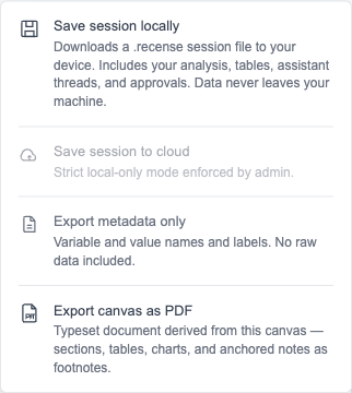 A concise list of practices Recense doesn't engage in: tracking, data sales, server-side storage of AI conversation text.